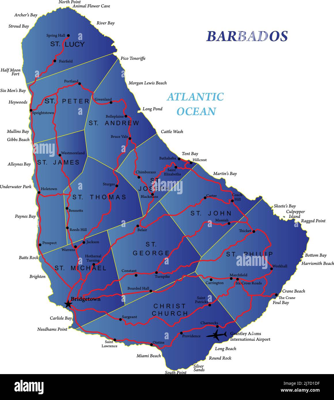 Highly detailed map of Barbados with roads and maine cities Stock
