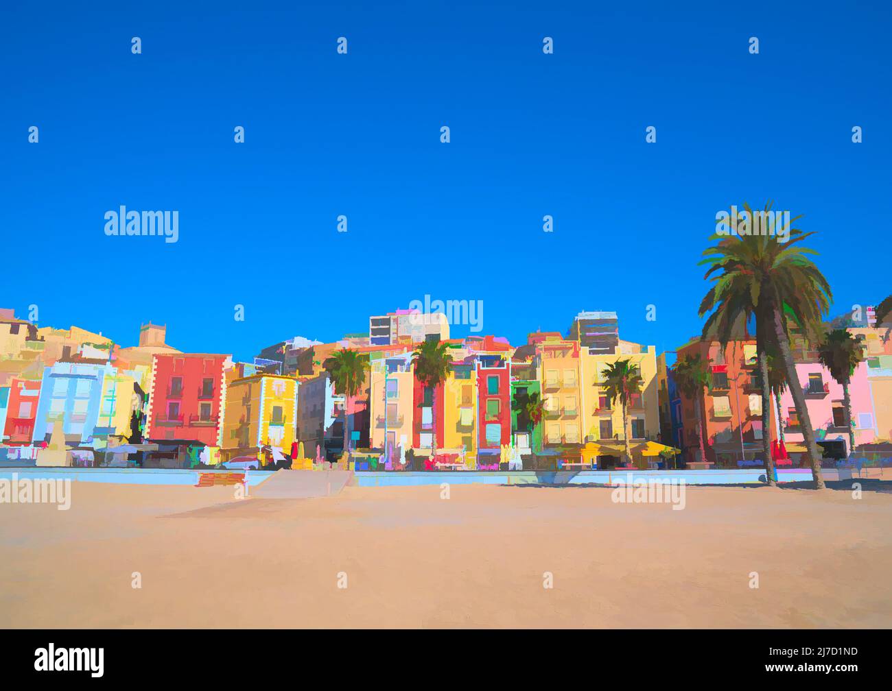Villajoyosa Spain beautiful street and beach colourful houses and palm trees Costa Blanca Alicante Stock Photo