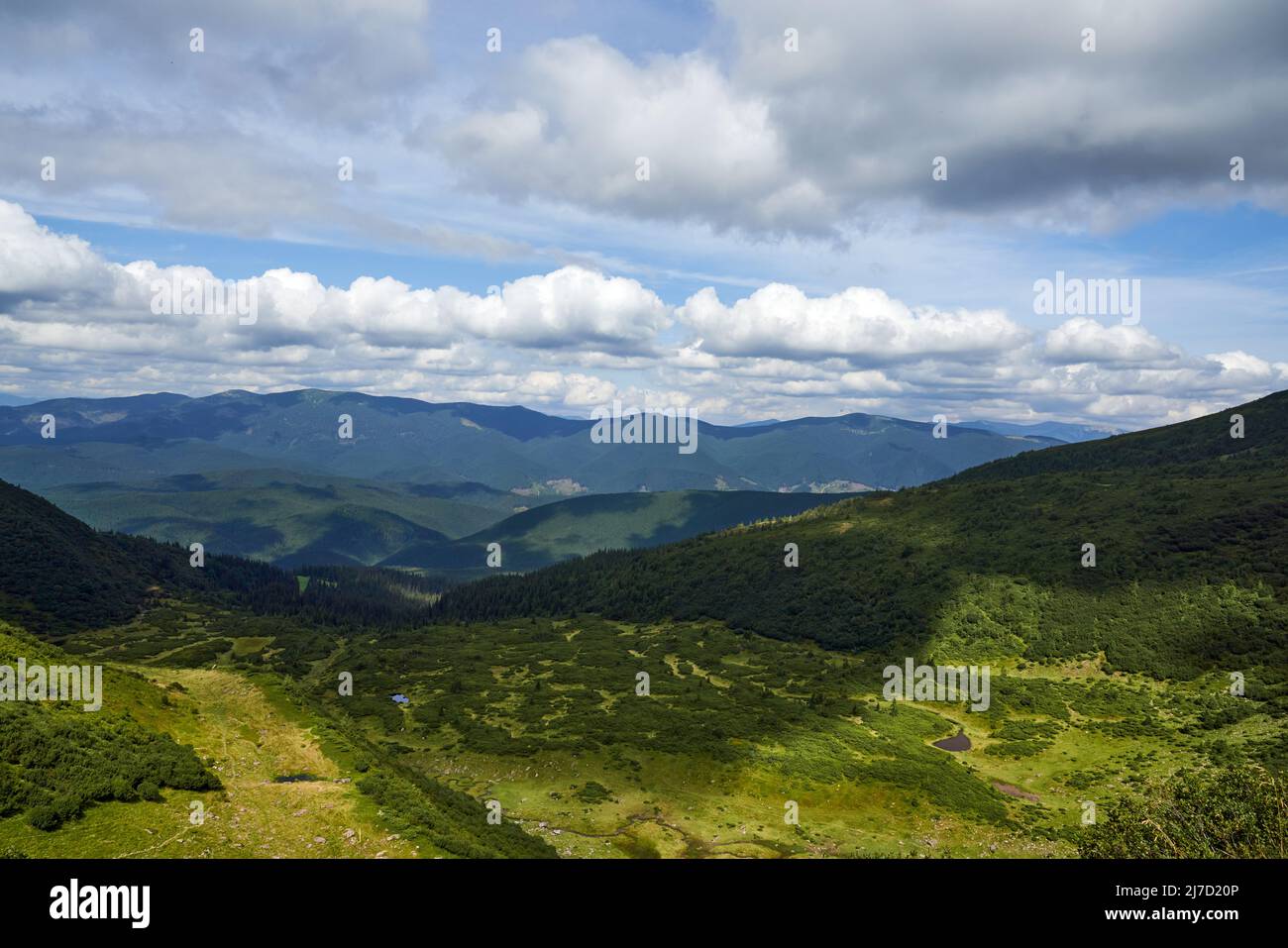 Sunlit green valley with bushes and trees between mountain hills in summer. Above view of wide meadow with shadows from the clouds on blue sky and mountain range on background. Concept of landscape. Stock Photo