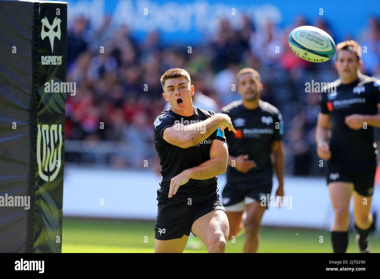 Reuben Morgan-Williams of the Ospreys celebrates after he scores a try ...