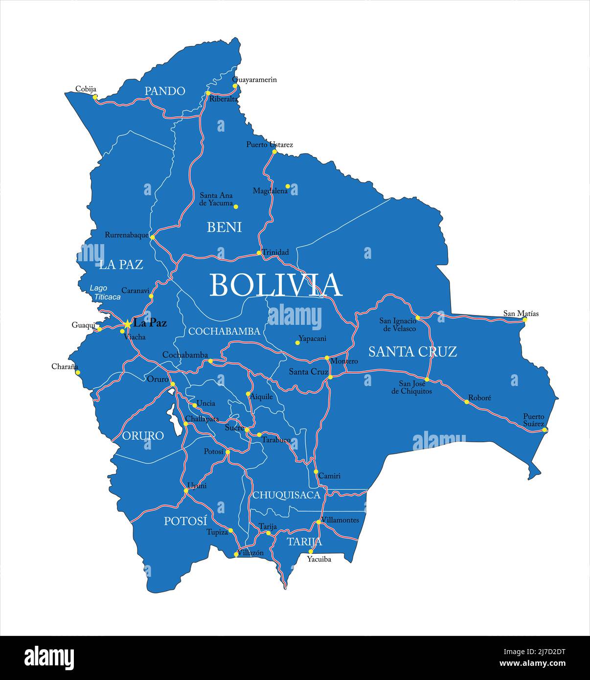 Highly detailed vector map of Bolivia with administrative regions, main cities and roads. Stock Vector