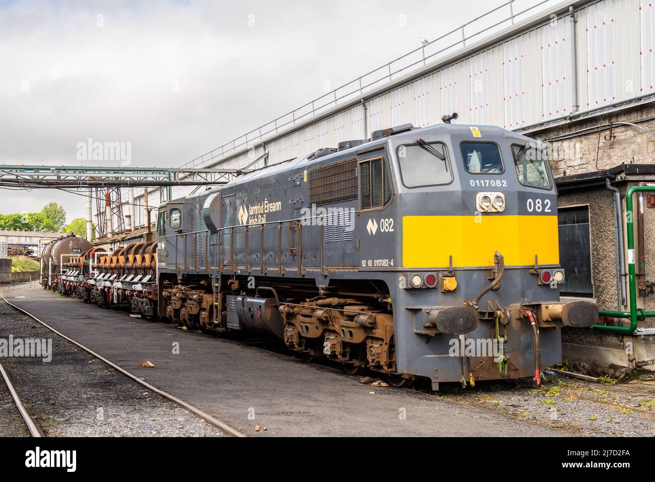 Irish Rail locomotive on a frieght train stabled at Inchicore Railway Works, Dublin, Ireland. Stock Photo