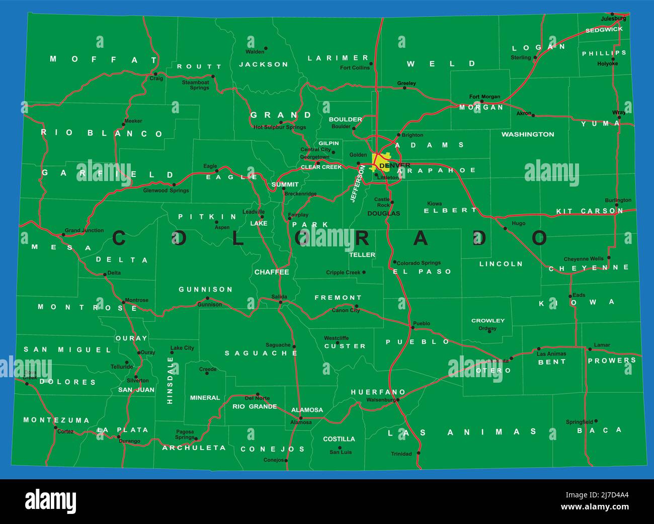 Highly detailed vector map of Colorado,with counties,main cities and roads. Stock Vector