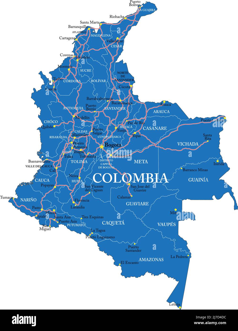 Highly detailed vector map of Colombia with administrative regions, main cities and roads. Stock Vector