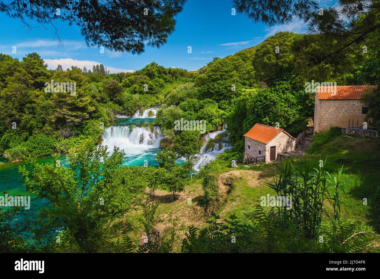 Well known mediterranean hiking and excursion place with waterfalls in the Krka National Park, Skradin touristic resort, Dalmatia, Croatia, Europe Stock Photo