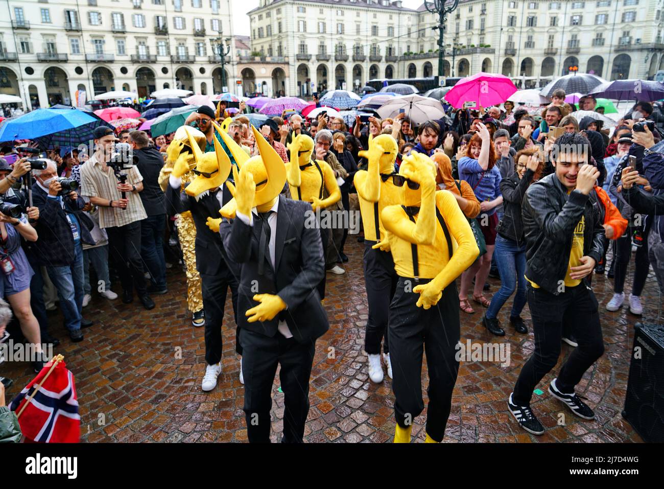 Flash mob among Subwoolfer fans to dance together Give That Wolf A Banana. The EuroVision Song Contest 2022 in Turin, Italy.  TURIN, ITALY - MAY 2022 Stock Photo