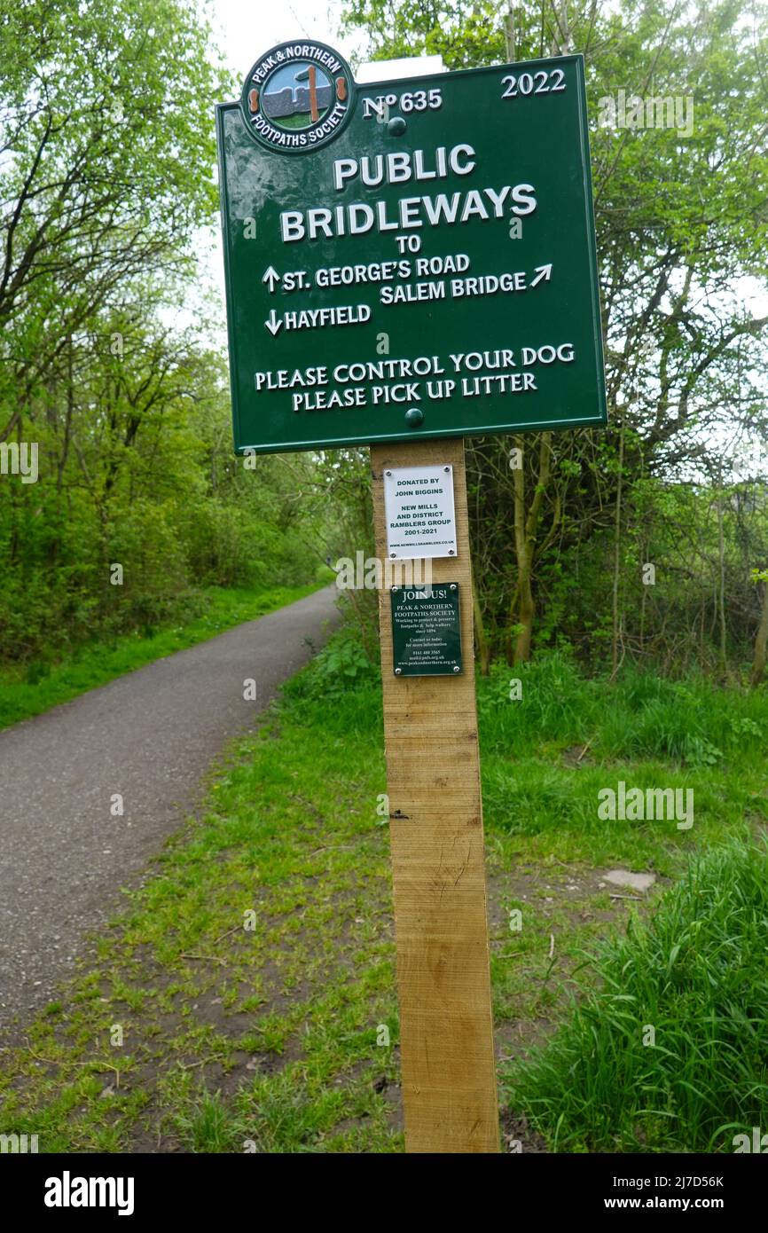 A sign giving directions on the sett valley trail, New Mills, Derbyshire Stock Photo