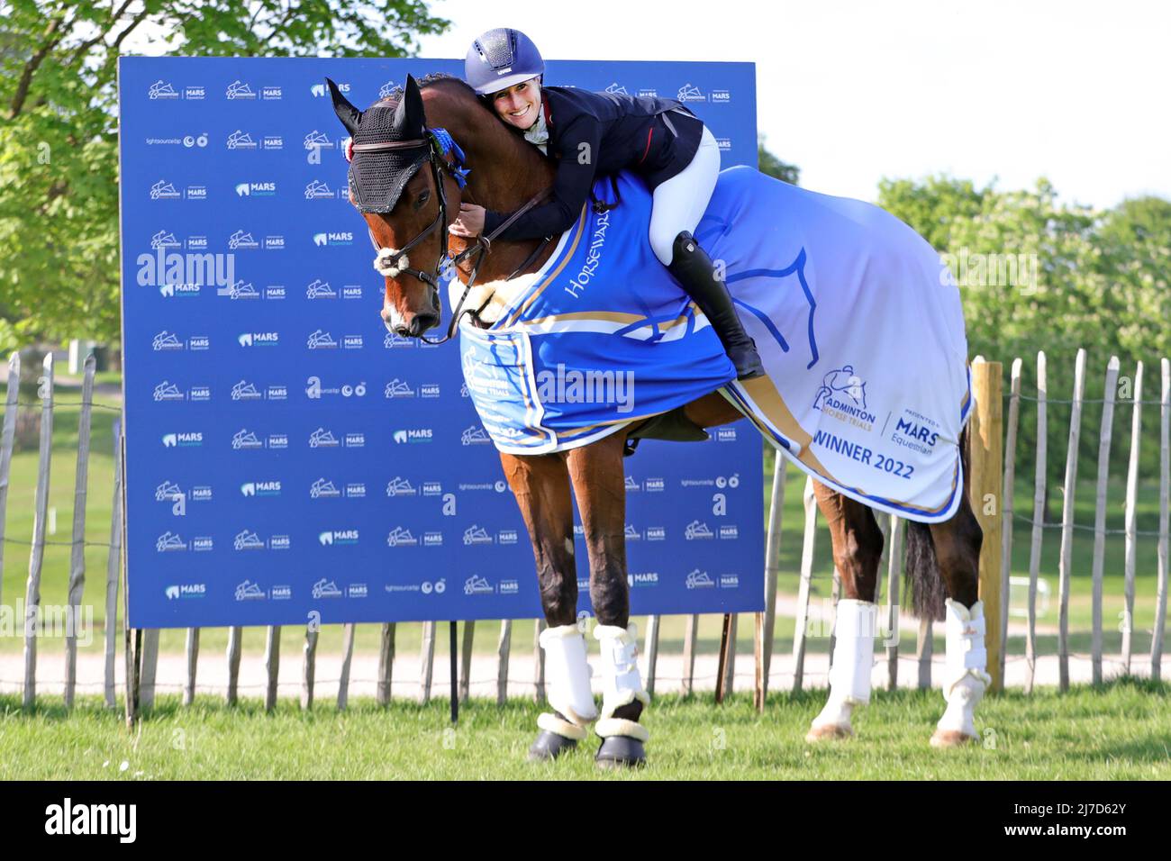 BADMINTON, UK, MAY 8TH Laura Collett hugs her horse London 52 after