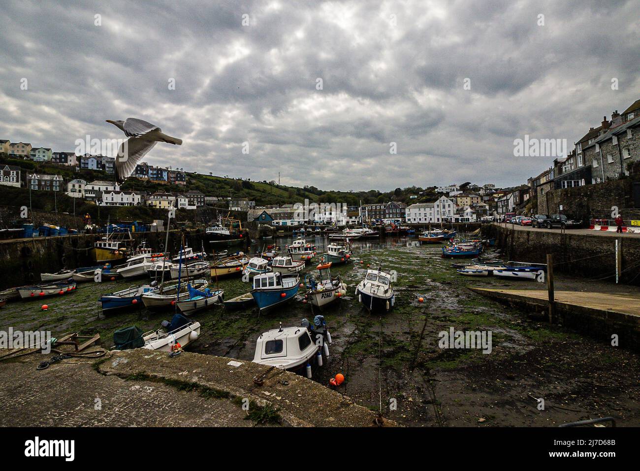 Boats anchored when the tide is out at West Looe; Cornwall; UK Stock Photo
