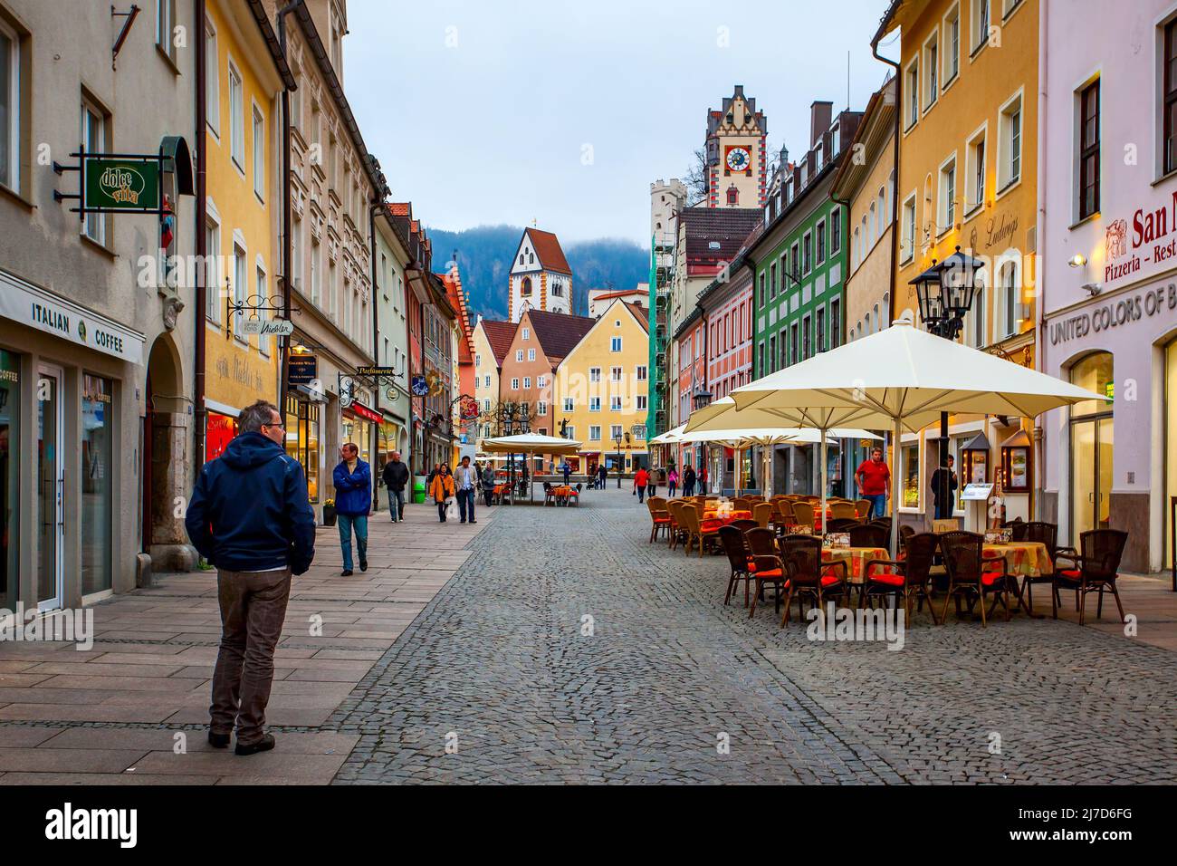 Fussen, Bavaria, Germany - April 28, 2013: Shopping street in the old town of Fussen Stock Photo