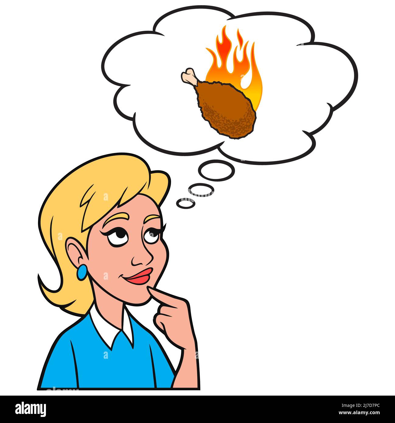 Girl thinking about a Chicken Hot Wing A cartoon illustration of a