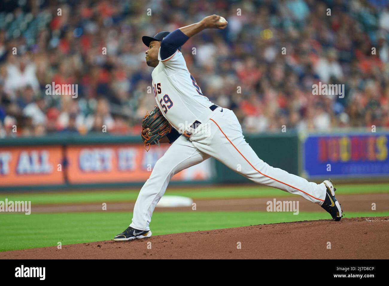 May 7 2022: Houston pitcher Framber Valdez (59) throws a pitch during the game with Detroit Tigers and Houston Astros held at Minute Maid Park in Houston Tx. David Seelig/Cal Sport Medi Stock Photo