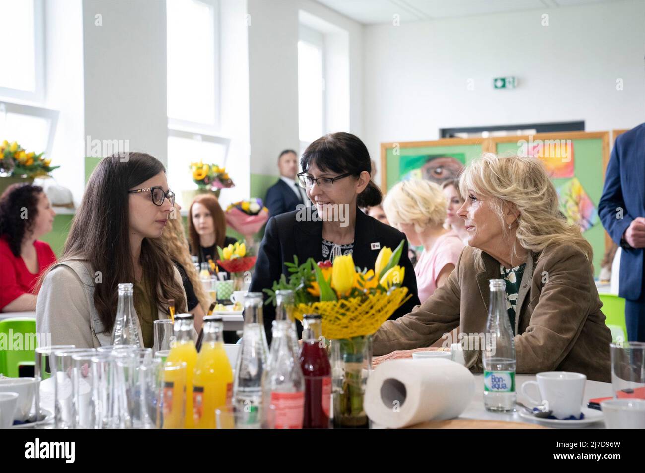 Kosice, Slovakia. 08 May, 2022. U.S. First Lady Jill Biden, left, visits with Ukrainian mothers and their children during a Mother’s Day visit to a refugee center, May 8, 2022 in Kosice, Slovakia.  Credit: Cameron Smith/White House Photo/Alamy Live News Stock Photo