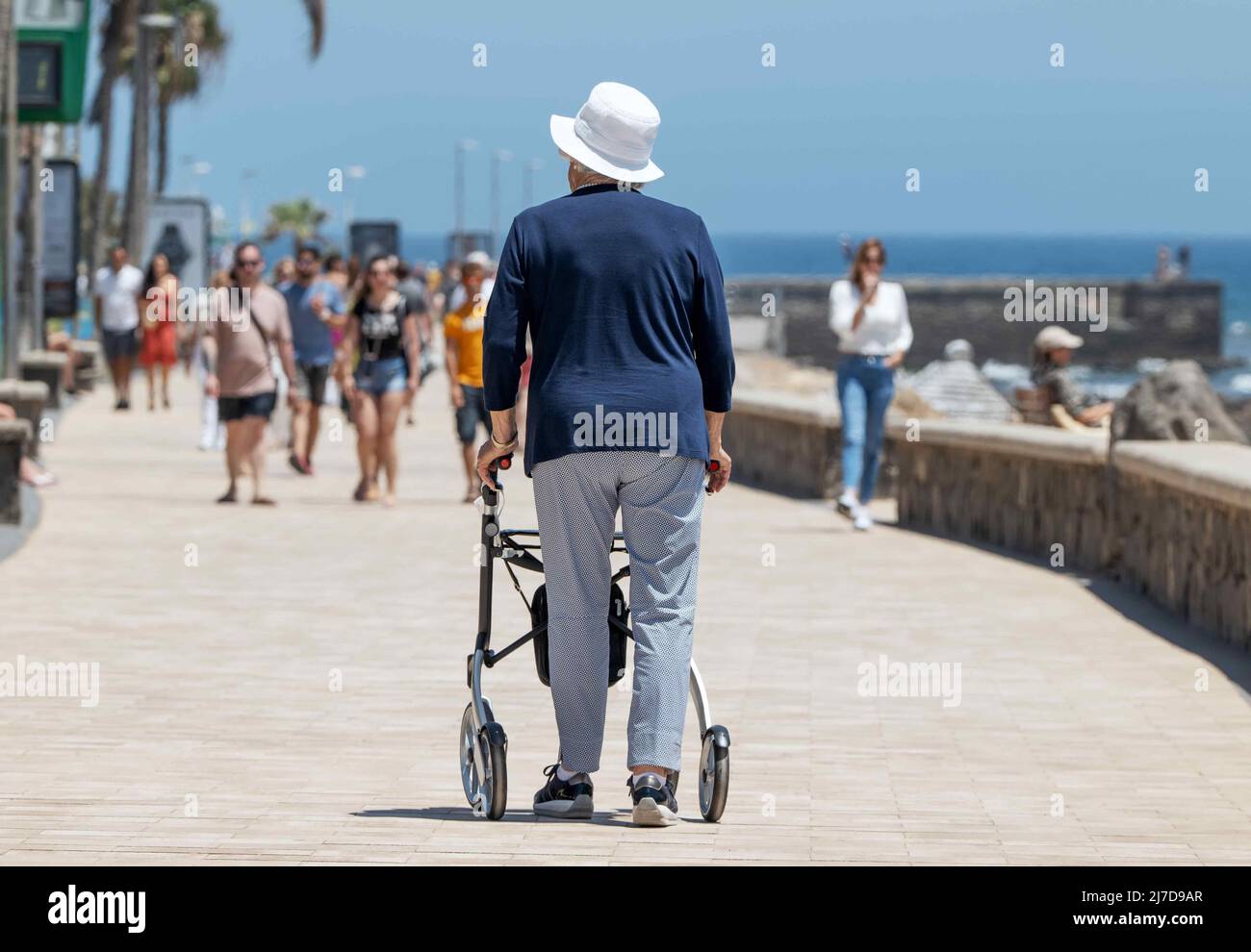 Elderly lady walking on the promenade with a walker. Stock Photo