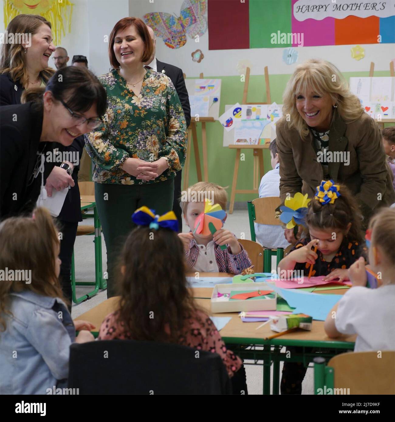 Kosice, Slovakia. 08 May, 2022. U.S. First Lady Jill Biden, right, visits with Ukrainian mothers and their children during a Mother’s Day visit to a refugee center, May 8, 2022 in Kosice, Slovakia.  Credit: U.S. Embassy Slovakia/State Department/Alamy Live News Stock Photo