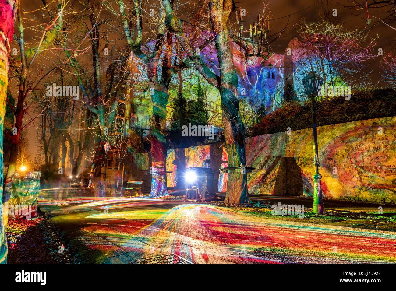 Zagreb, Croatia-March 19th 2022: Famous Zagreb city landmarks on the Upper town painted in colorful lights during festival of light Stock Photo