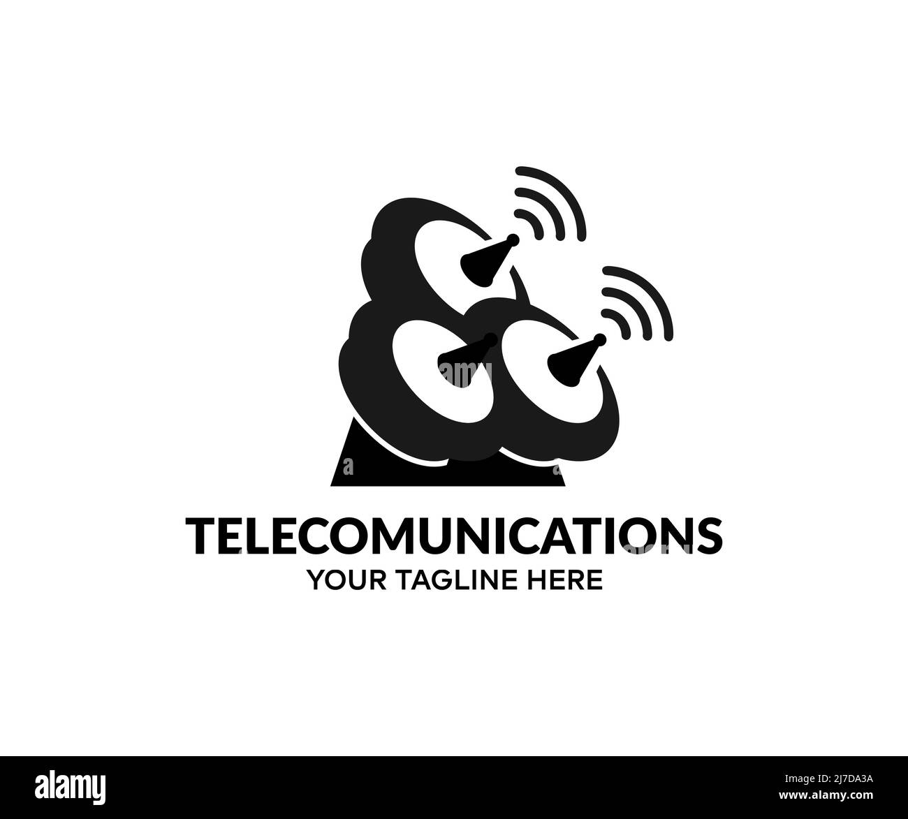 Telecommunication tower with 5G cellular, network antenna on city logo design. Global connection, internet network, mobile communication tower. Stock Vector