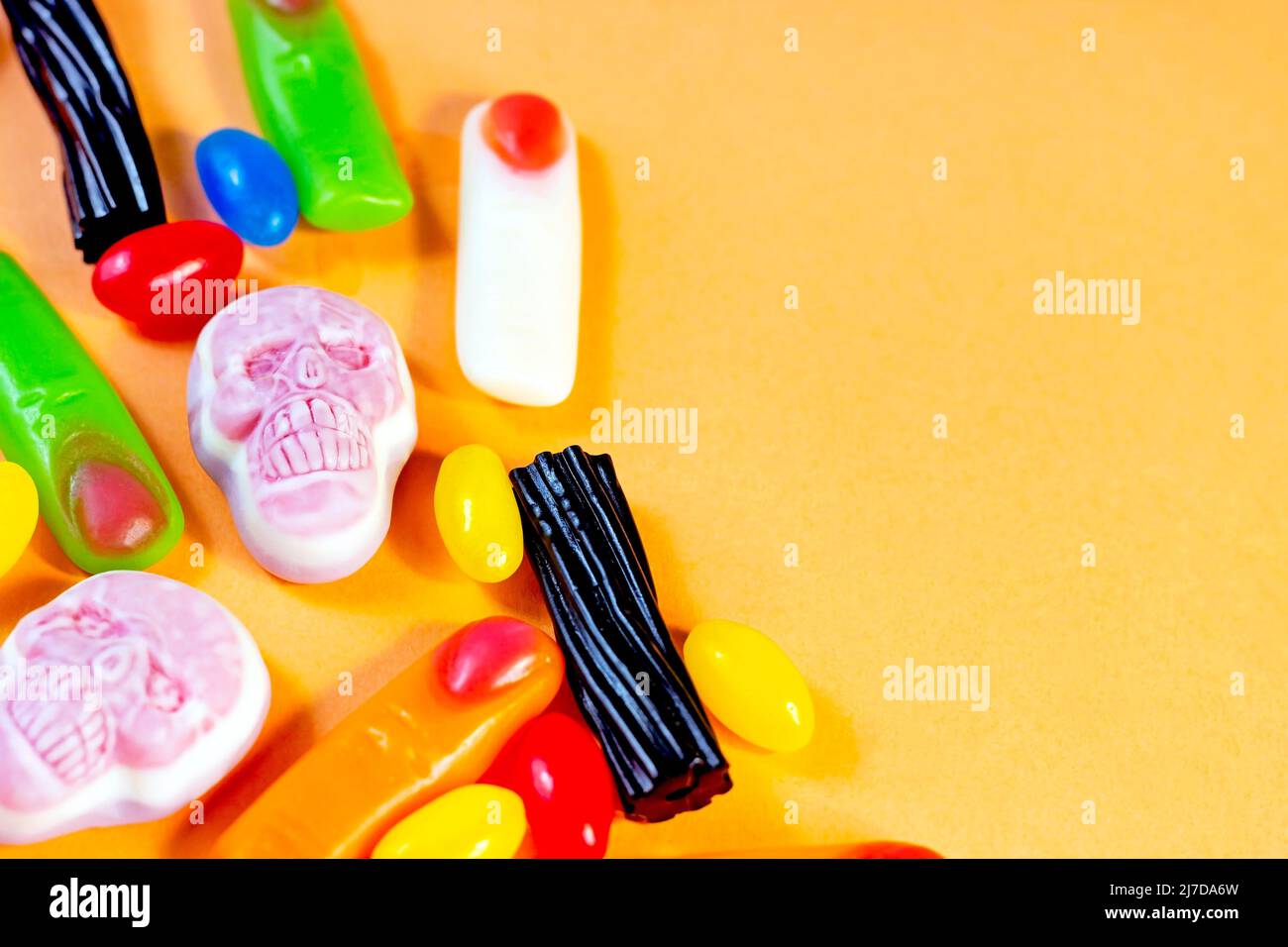 Different spooky Halloween jelly sweets (skulls, zombie fingers and