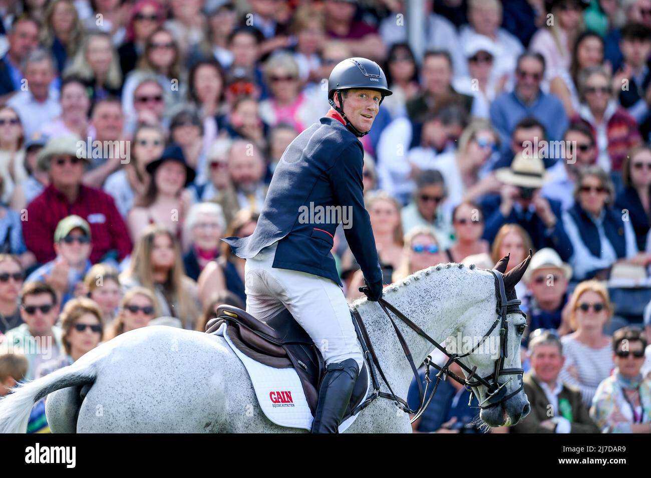 8th May 2022, Badminton Estate, Gloucestershire, England; Mars Equestrian Badminton Horse Trials, day 5;  Oliver Townend riding SWALLOW SPRINGS checks the scoreboard after his ride to see he will not win Badminton 2022 Stock Photo