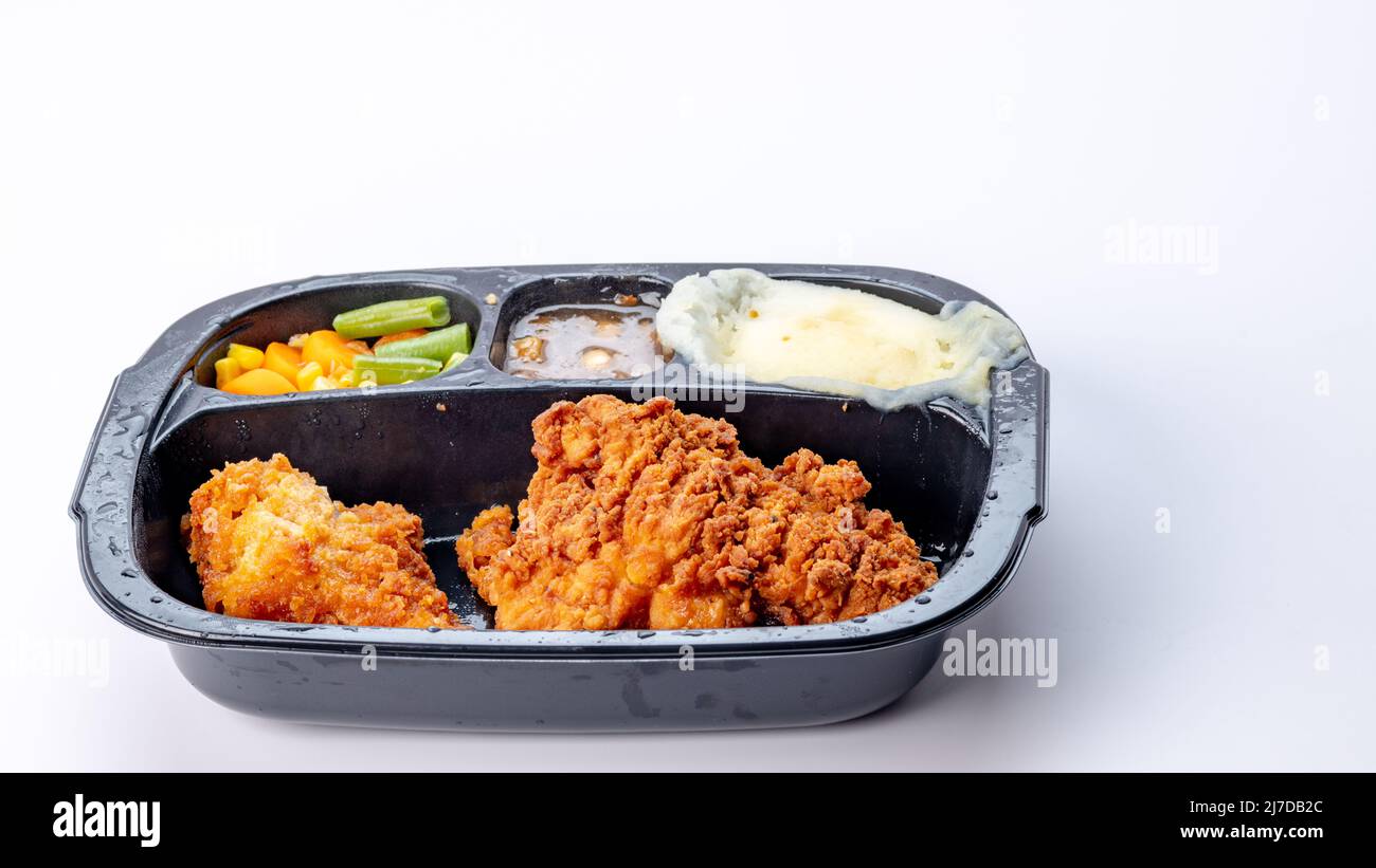 Plastic tray microwaveable TV dinner with a cover off Stock Photo