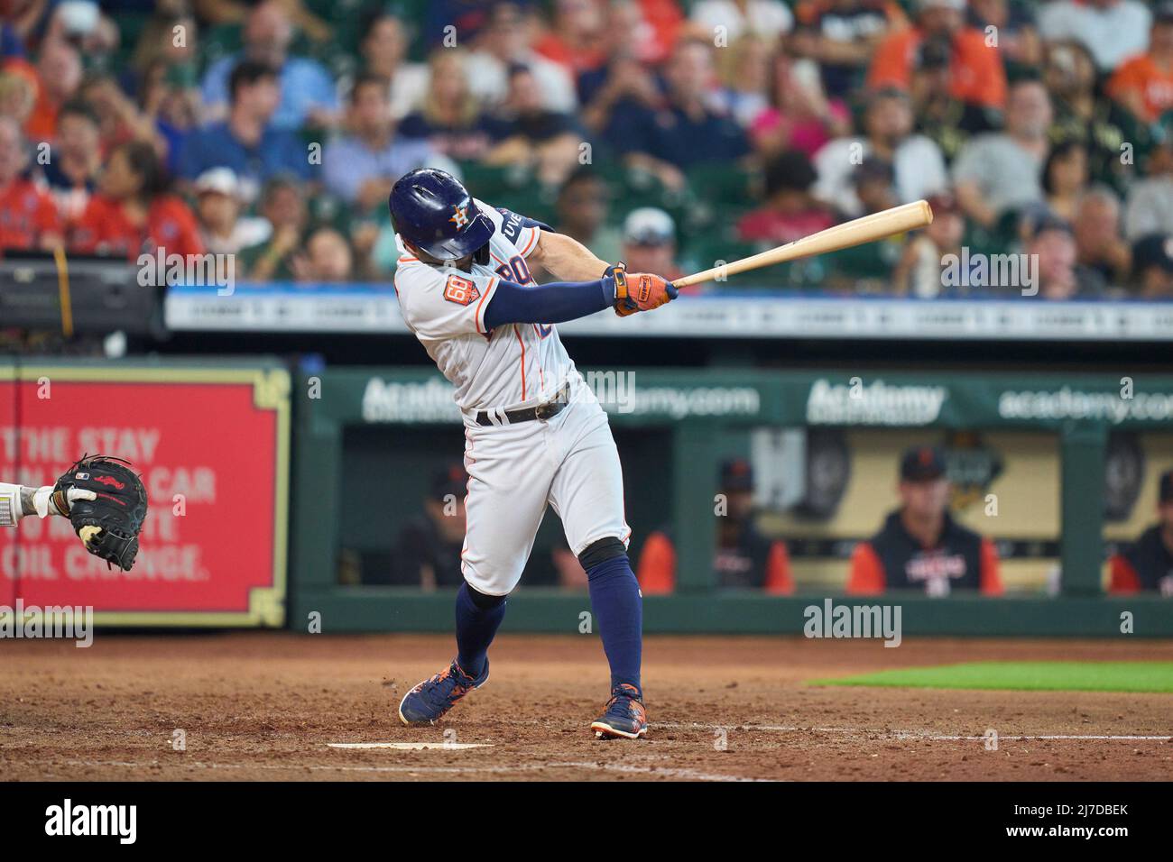 May 7 2022: Houston second baseman Jose Altuve (27) gets a hit during the  game with