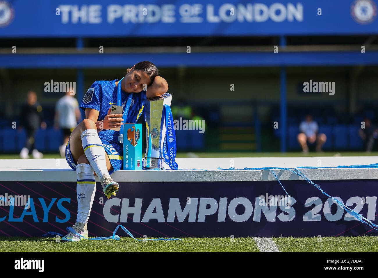 Sam Kerr (20 Chelsea) with the WSL and golden boot trophy during the FA