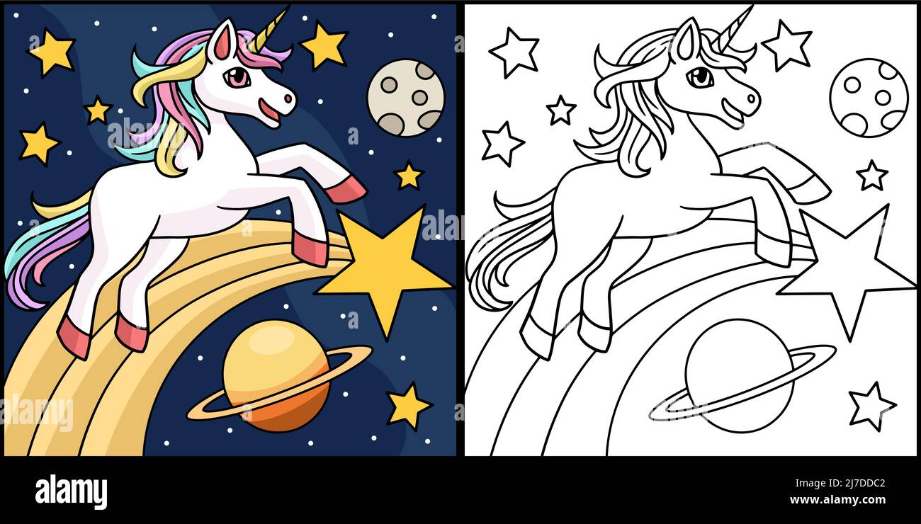 Unicorn Space Coloring Page Colored Illustration Stock Vector Image ...