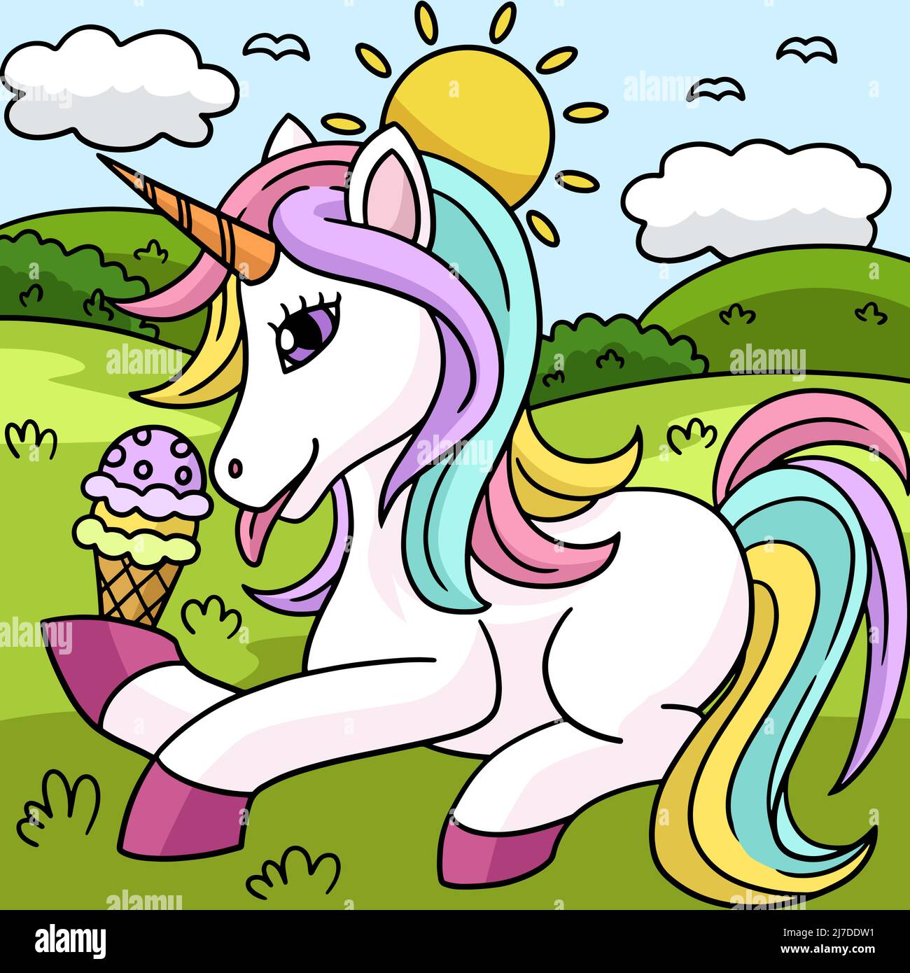 Unicorn Eating Ice Cream Colored Illustration Stock Vector Image & Art