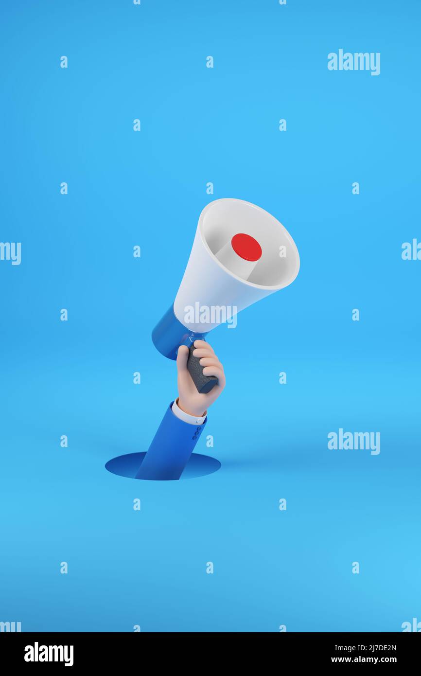 Hand holding a megaphone comes out of a hole isolated on blue background. 3d illustration. Stock Photo