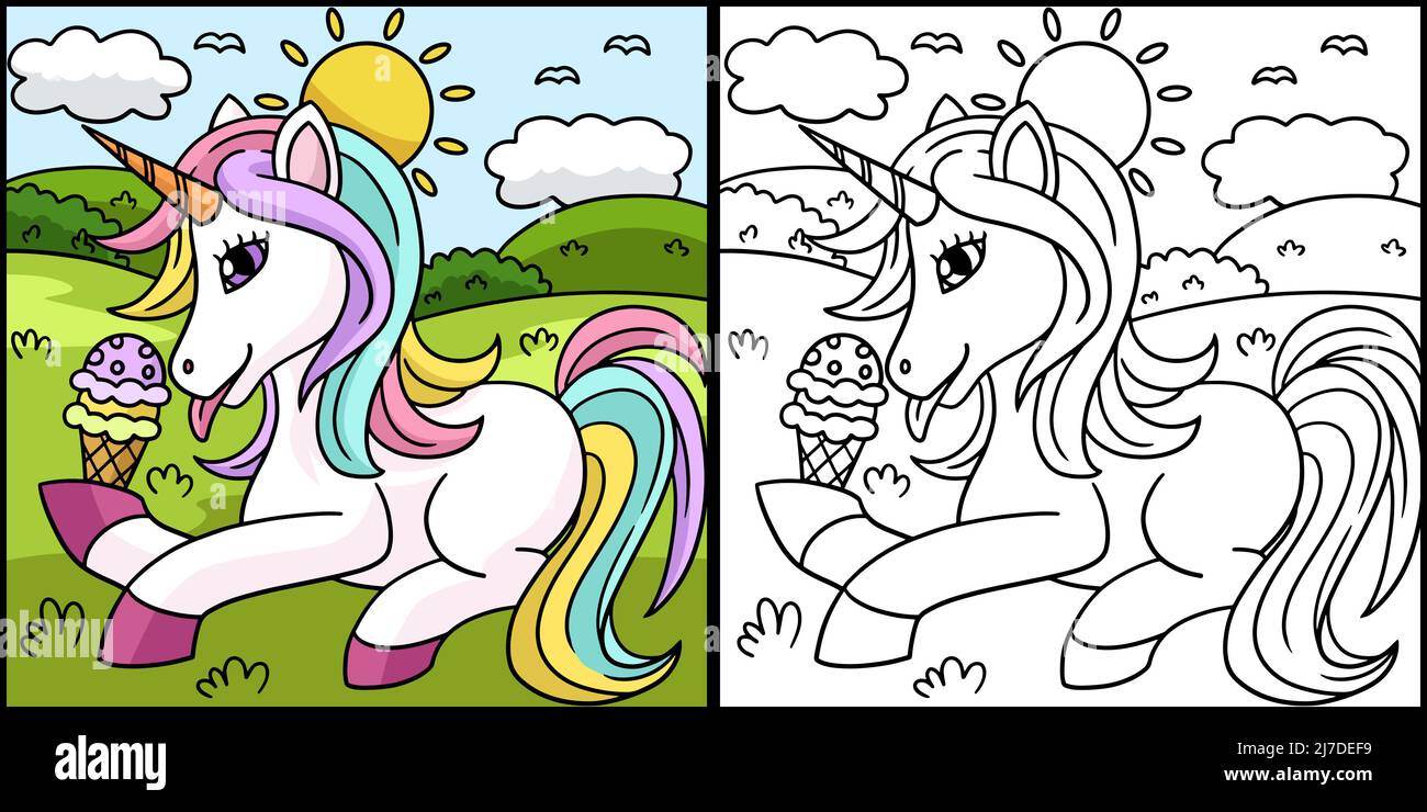 Unicorn Eating Ice Cream Coloring Illustration Stock Vector Image & Art