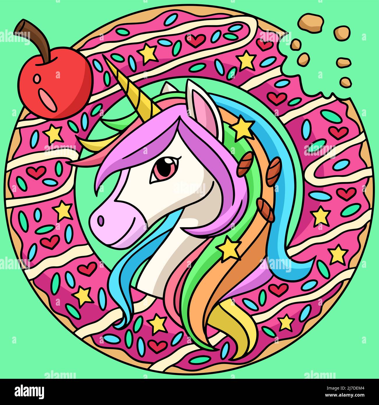 Unicorn Head In A Donut Colored Illustration Stock Vector