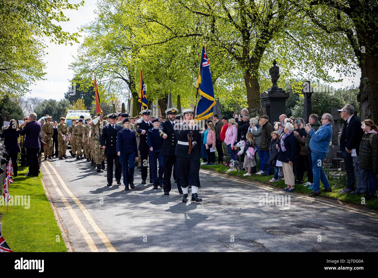 Anniversary of ANZAC Day (Australian and New Zealand Army Corps) was remembered by Veterans and Cadets at Warrington Soldiers Corner Stock Photo