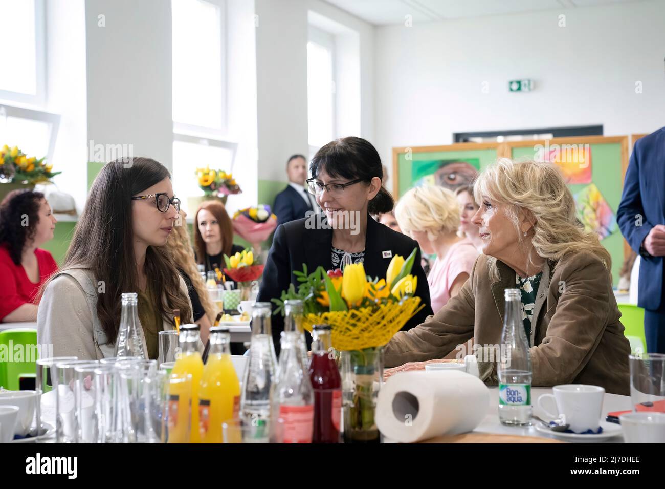 The First Lady of the United States, Dr. Jill Biden, travelled to war torn Ukraine where she met with Ukraine First Lady Olena Zelenska at a school in Uzhhorod. The First Ladies hugged and met students and staff at the school. The school has converted to a temporary shelter for families fleeing the war zone. Stock Photo