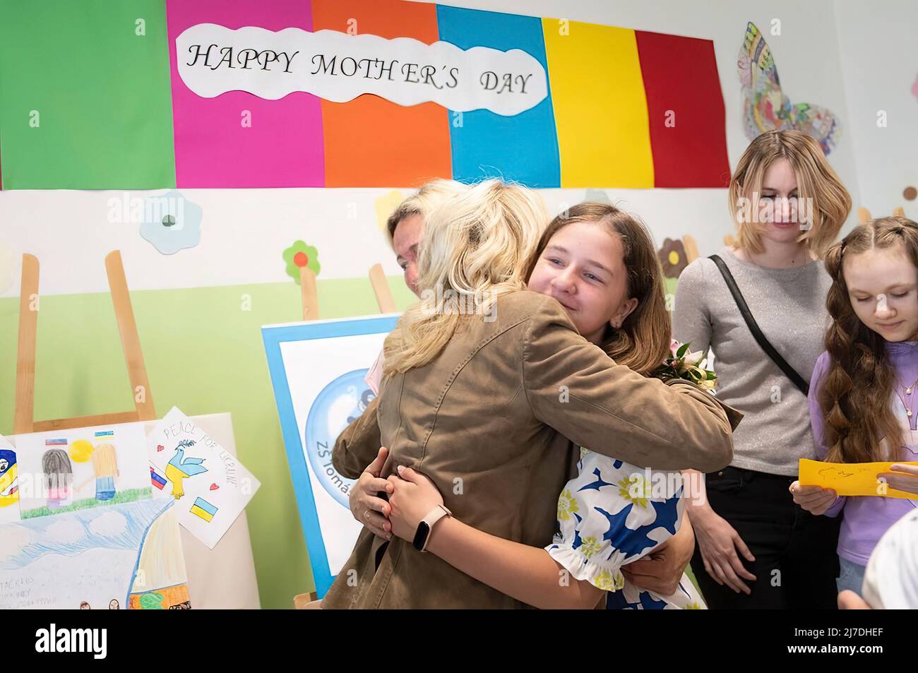 The First Lady of the United States, Dr. Jill Biden, travelled to war torn Ukraine where she met with Ukraine First Lady Olena Zelenska at a school in Uzhhorod. The First Ladies hugged and met students and staff at the school. The school has converted to a temporary shelter for families fleeing the war zone. Stock Photo