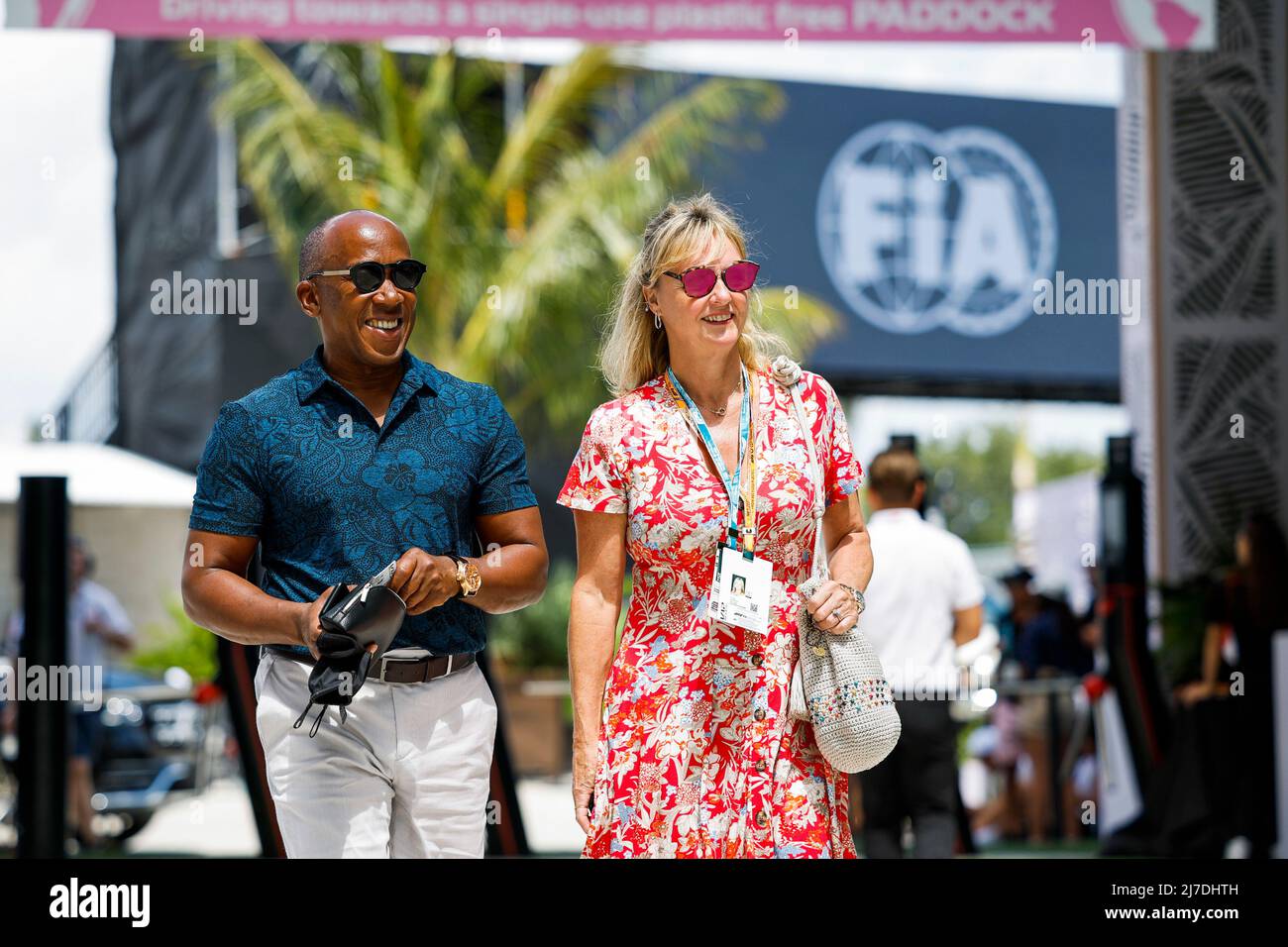 Anthony Hamilton, father of #44 Lewis Hamilton (GBR, Mercedes-AMG Petronas F1 Team), with Linda Hamilton, F1 Grand Prix of Miami at Miami International Autodrome on May 8, 2022 in Miami, United States of America. (Photo by HIGH TWO) Stock Photo