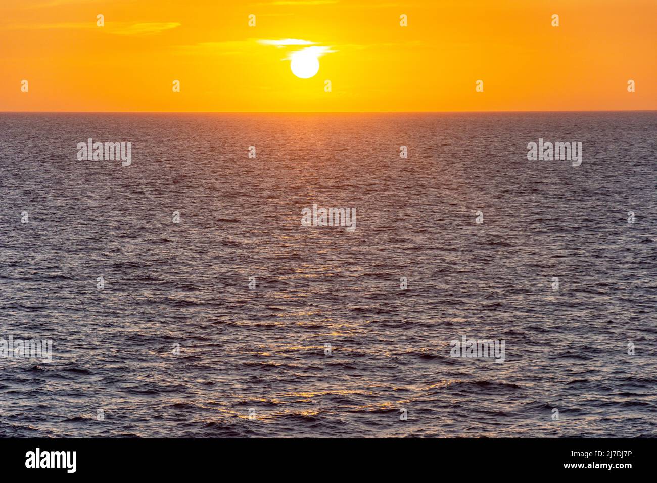 View of sun setting over sea from deck of Marella Explorer II cruise ship, Caribbean Sea, Greater Antilles, Caribbean Stock Photo