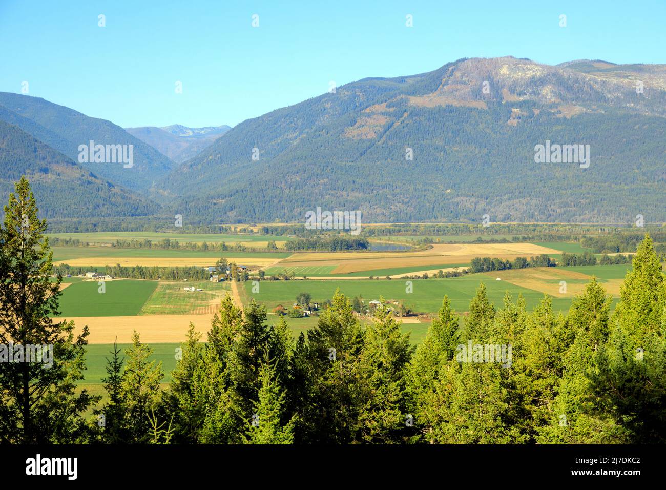 Canadian agricultural landscape of farmland and agriculture in the Creston Valley located in the