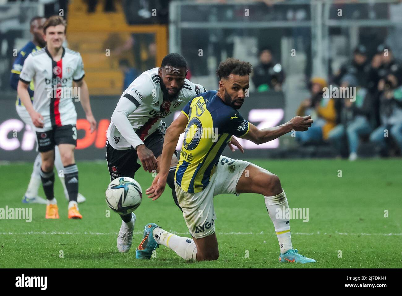 ISTANBUL, TURKEY - MAY 8: Georges-Kevin N'Koudou of Besiktas JK and Nazım Sangare of Fenerbahce SK battle for possession during the Turkish Super Lig match between Besiktas JK and Fenerbahce SK at Vodafone Park on May 8, 2022 in Istanbul, Turkey (Photo by Orange Pictures) Stock Photo