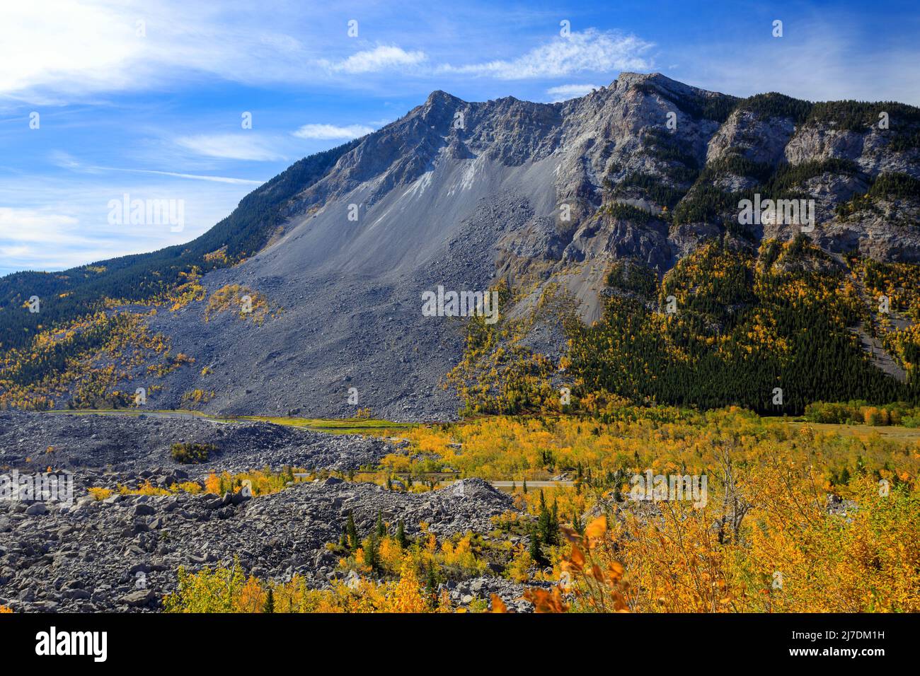The Frank Slide was a massive rockslide that buried part of the mining town of Frank in the province of Alberta Canada, at 4:10 a.m. on April 29, 1903 Stock Photo