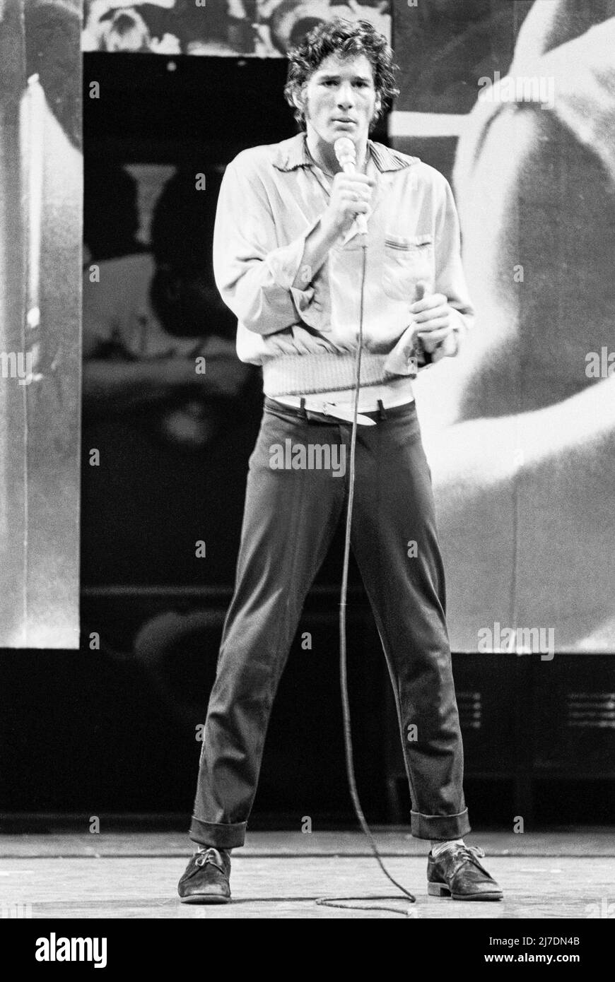 Richard Gere (Danny Zuko) in GREASE at the New London Theatre, London WC2 26/06/1973 book, music & lyrics: Jim Jacobs & Warren Casey set design: Douglas W. Schmidt costumes: Carrie F. Robbins Richard Gere (Danny Zuko) in GREASE at the New London Theatre, London WC2 26/06/1973 book, music & lyrics: Jim Jacobs & Warren Casey set design: Douglas W. Schmidt costumes: Carrie F. Robbins