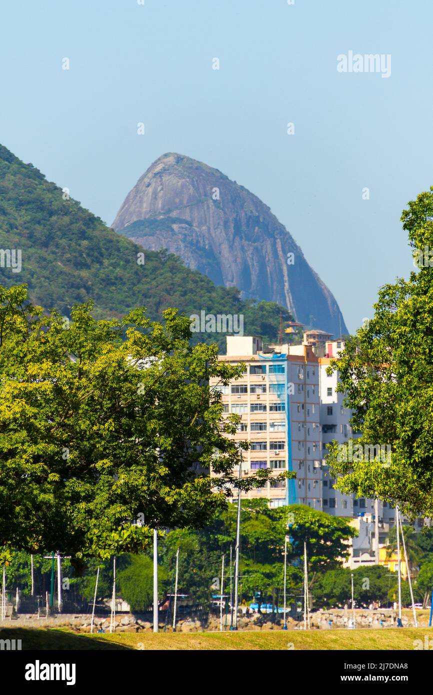 Two Hill Brothers seen from the Flamengo neighborhood in Rio de Janeiro. Stock Photo