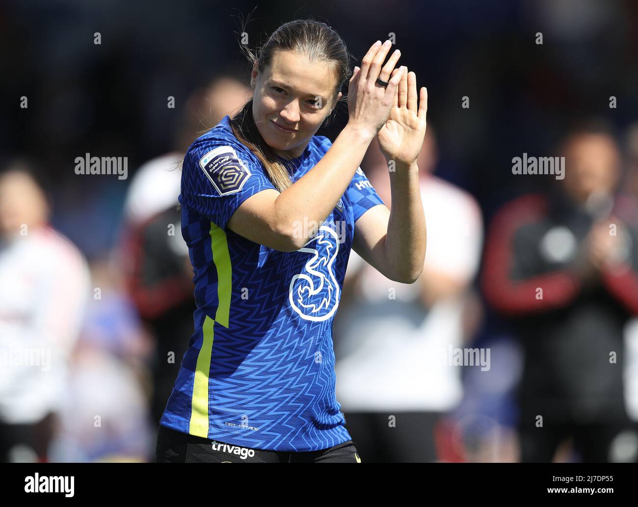 Kington Upon Thames, England, 8th May 2022.  Fran Kirby of Chelsea applauds the fans as she collects her Womens Super League winners medal after the The FA Women's Super League match at Kingsmeadow, Kington Upon Thames. Picture credit should read: Paul Terry / Sportimage Stock Photo
