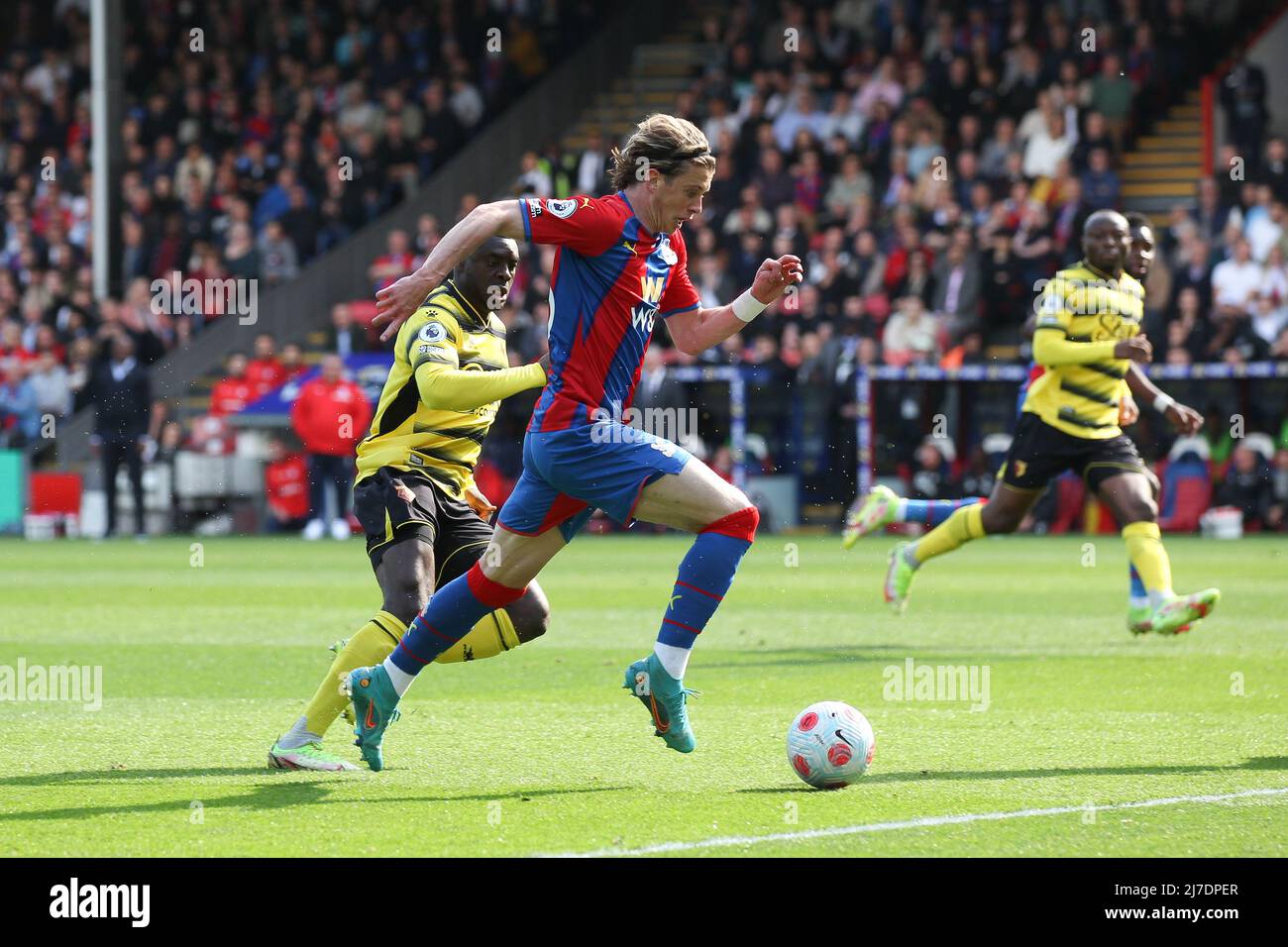 London, England, 7 May 2022. Conor Gallagher of Crystal Palace on the attack during the Premier League match between Crystal Palace and Watford at Selhurst Park, London, England on 7 May 2022. Photo by Ken Sparks. Editorial use only, license required for commercial use. No use in betting, games or a single club/league/player publications. Stock Photo