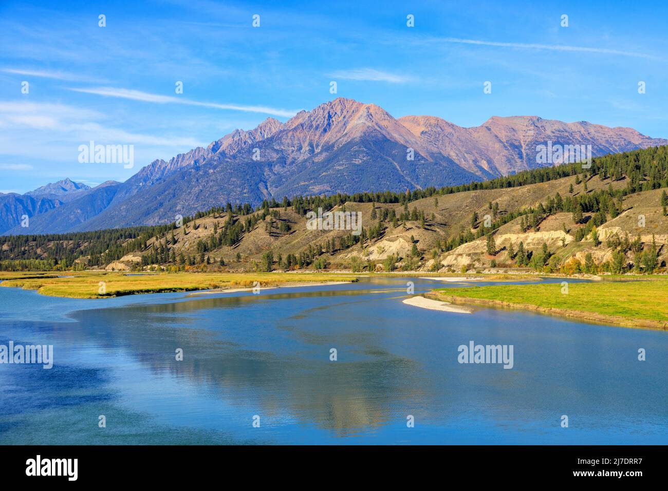 Landscape view of The Steeples in the Canadian Rockies with the Bull River in the East Kootenay near Cranbrook, British Columbia, Canada Stock Photo