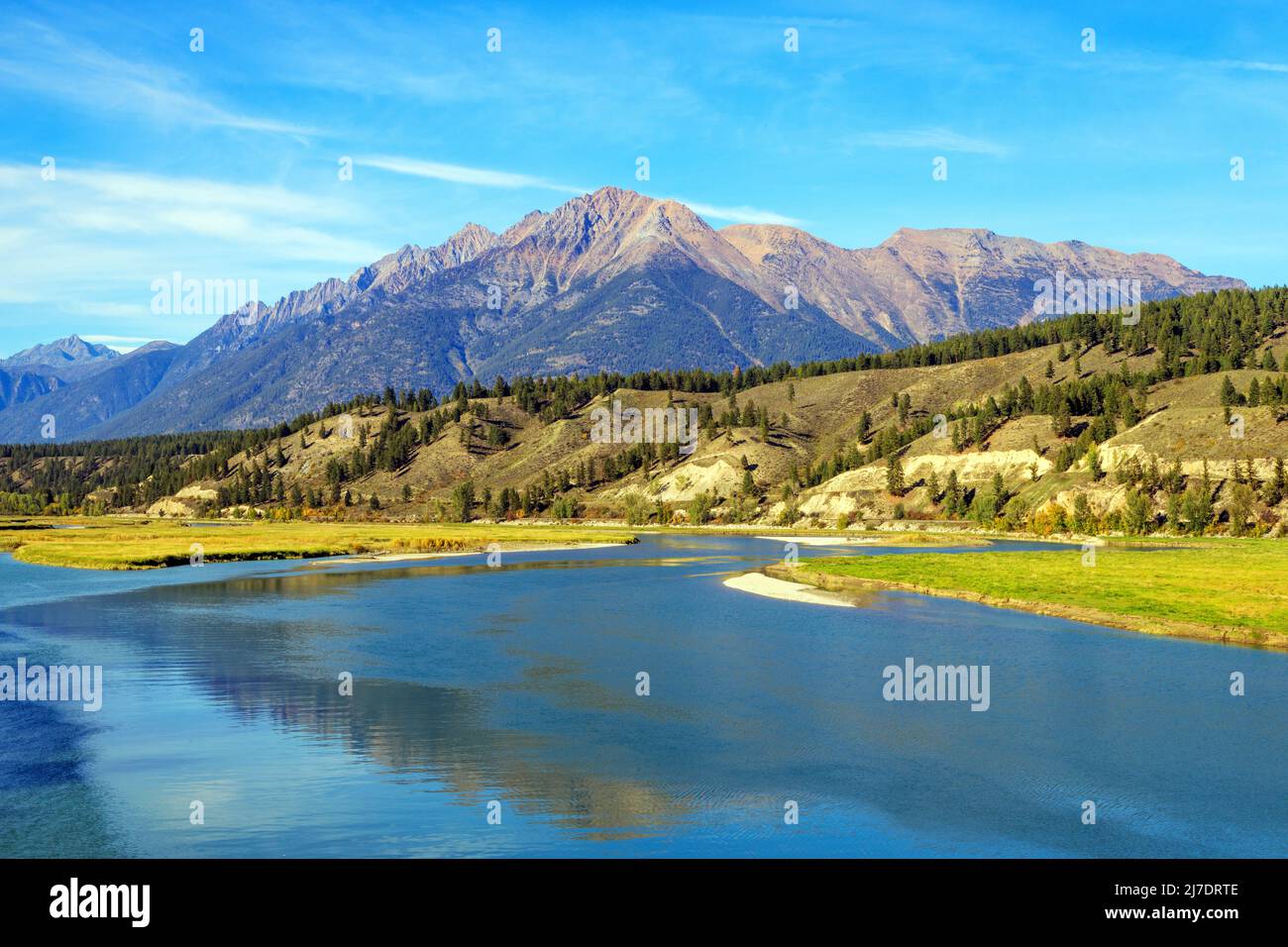 Landscape view of The Steeples in the Canadian Rockies with the Bull River in the East Kootenay near Cranbrook, British Columbia, Canada Stock Photo