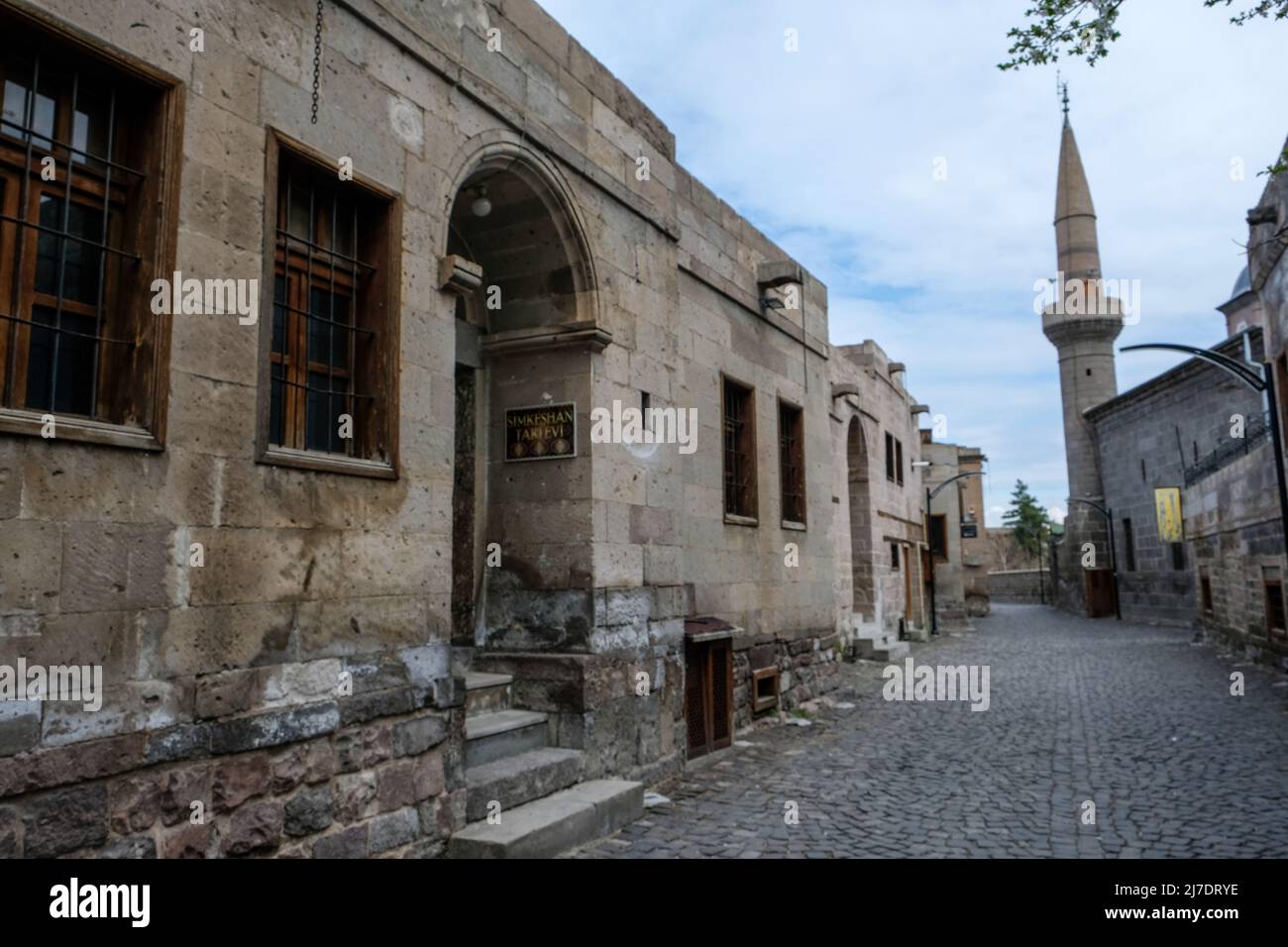 The Ottoman street with traditional buildings in Kayseri Talas attracts tourists with its shops. visit date 15.04.2022. Stock Photo