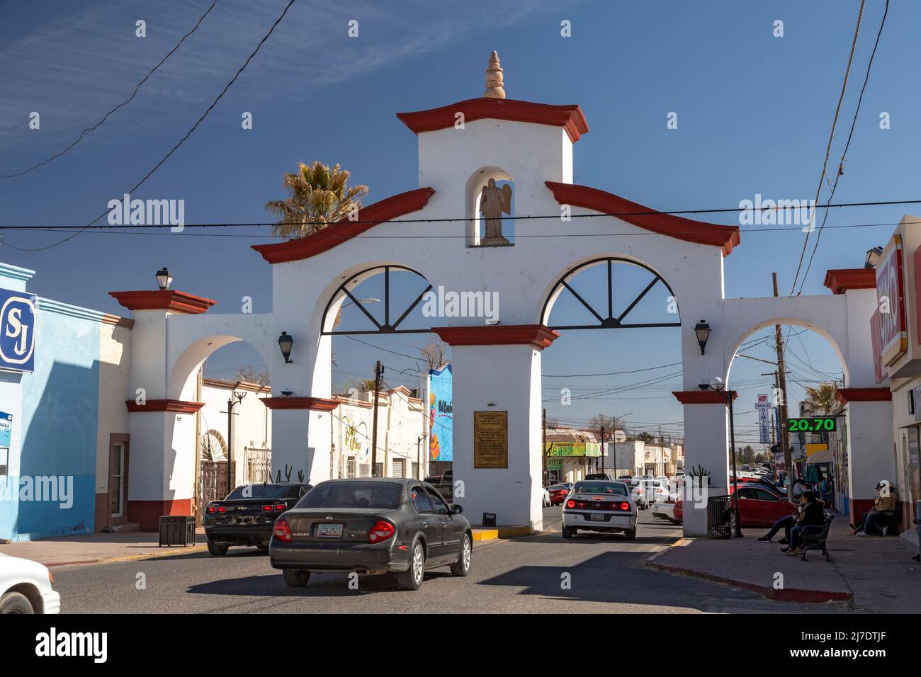 Agua Prieta, Sonora, Mexico - PanAmerican Avenue runs through a welcome arch as it enters Agua Prieta from Douglas, Arizona. Stock Photo
