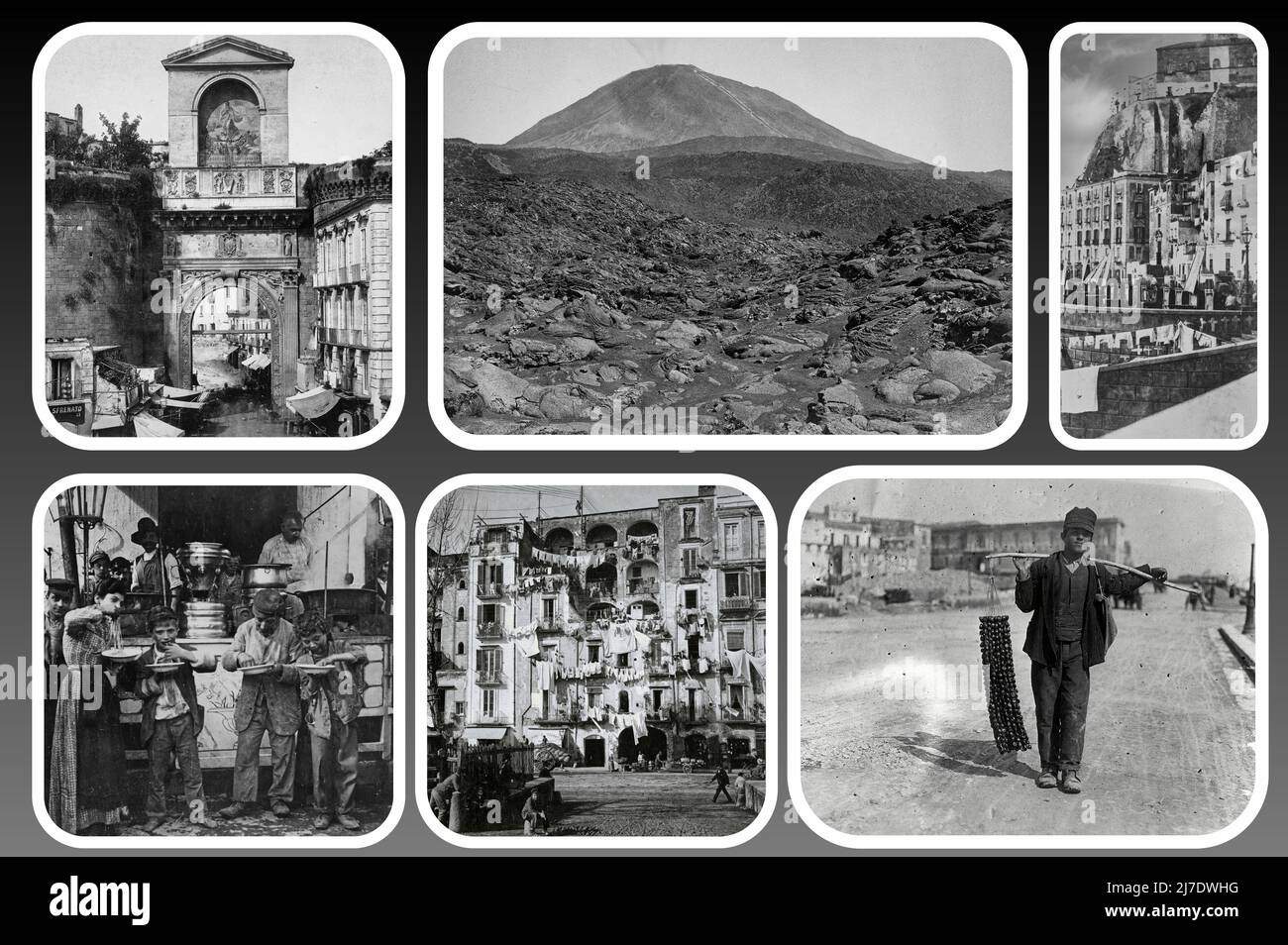 A postcard of Naples from the mid-19th century, its Scugnizzi, street vendors and common people, and the inevitable view of the Vesuvius volcano Stock Photo