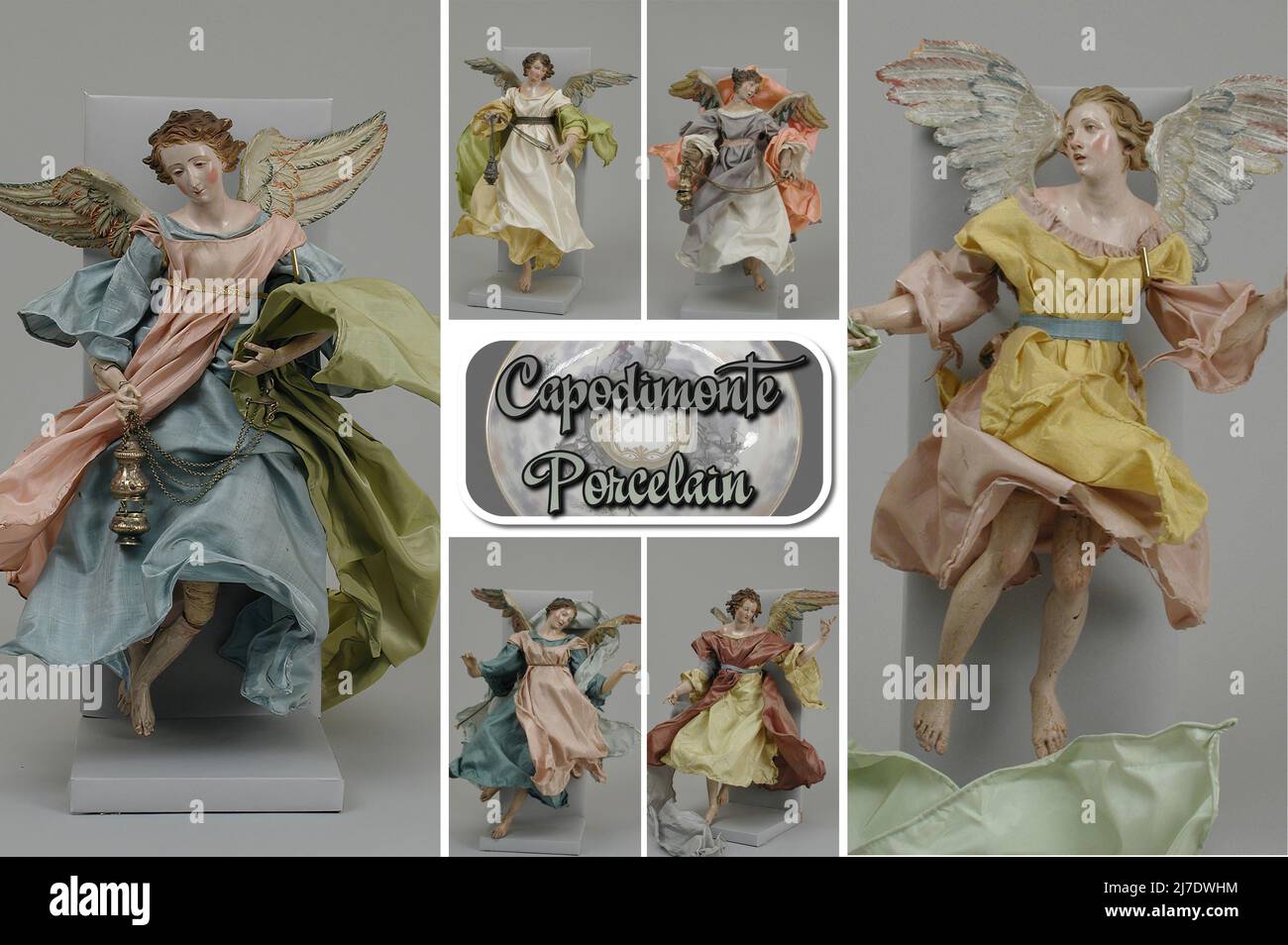 Beautiful figurines in fine Capodimonte ceramics, finely worked, depicting Angels on the day of the nativity, produced in Naples (Italy) in 1800. Stock Photo