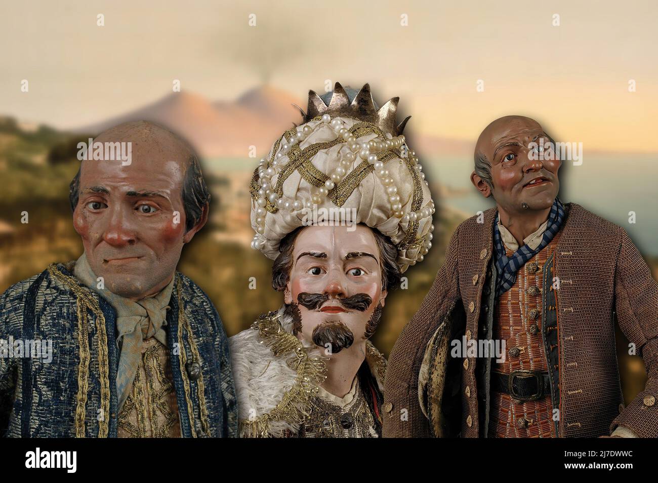 Three close-ups of some fine Capodimonte ceramic figurines, finely worked, depicting characters of the nativity, produced in Naples (Italy) in 1800. Stock Photo